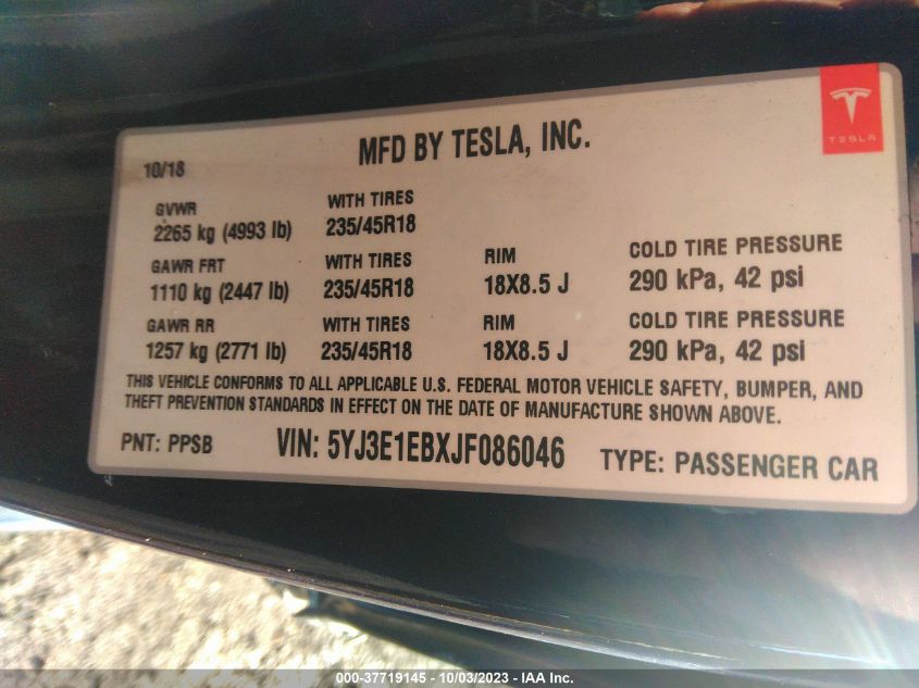2018 TESLA MODEL 3 LONG RANGE - 5YJ3E1EBXJF086046