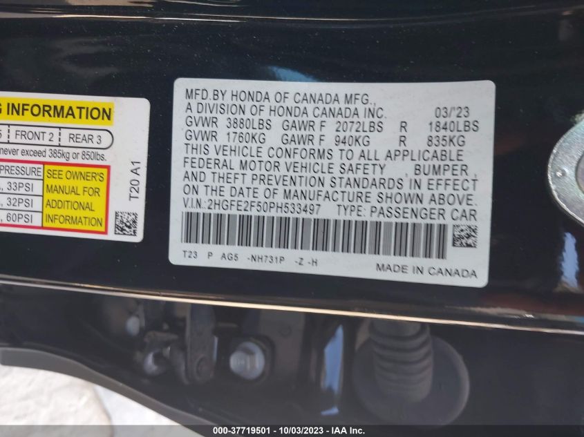 2HGFE2F50PH533497 Honda Civic Sedan SPORT 9