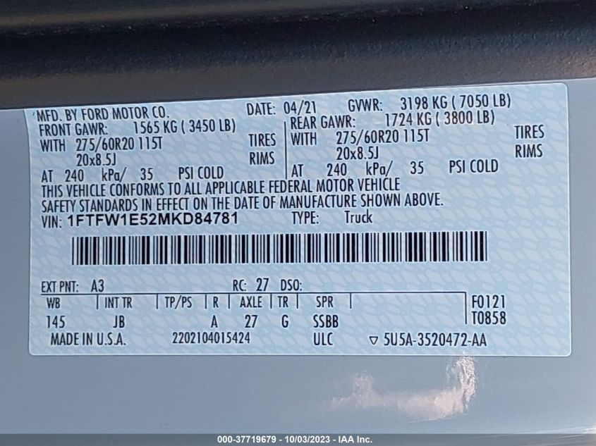 2021 FORD F-150 XL/XLT/LARIAT - 1FTFW1E52MKD84781