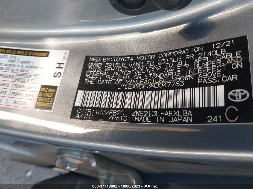 VIN JTDEAMDE3NJ047783 2022 TOYOTA COROLLA HYBRID LE