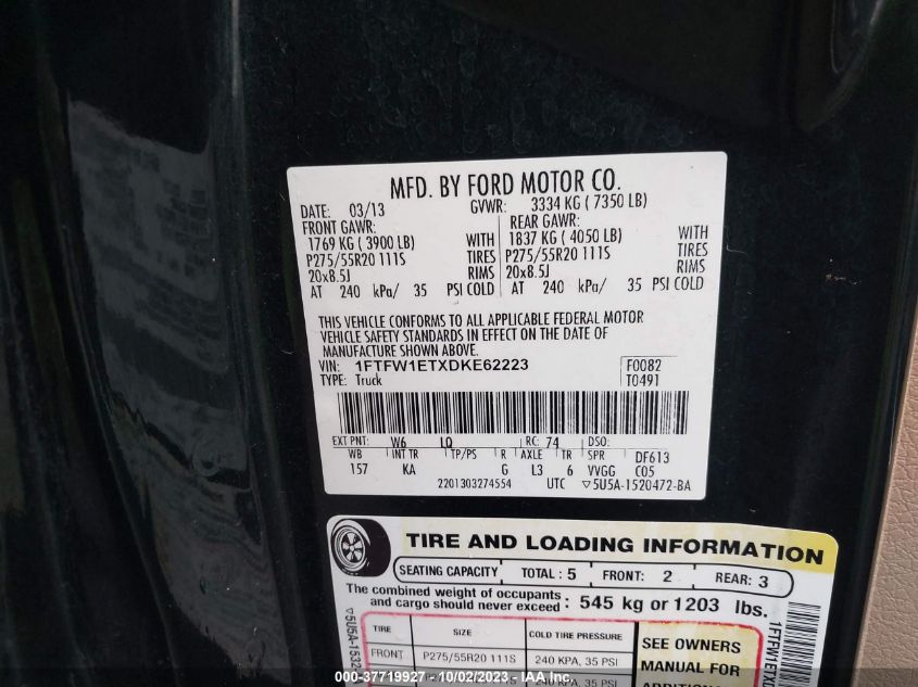 2013 FORD F-150 XL/XLT/FX4/LARIAT - 1FTFW1ETXDKE62223