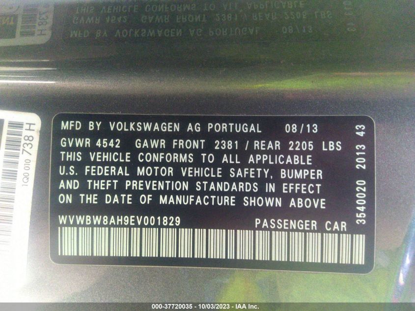 2014 VOLKSWAGEN EOS KOMFORT WVWBW8AH9EV001829