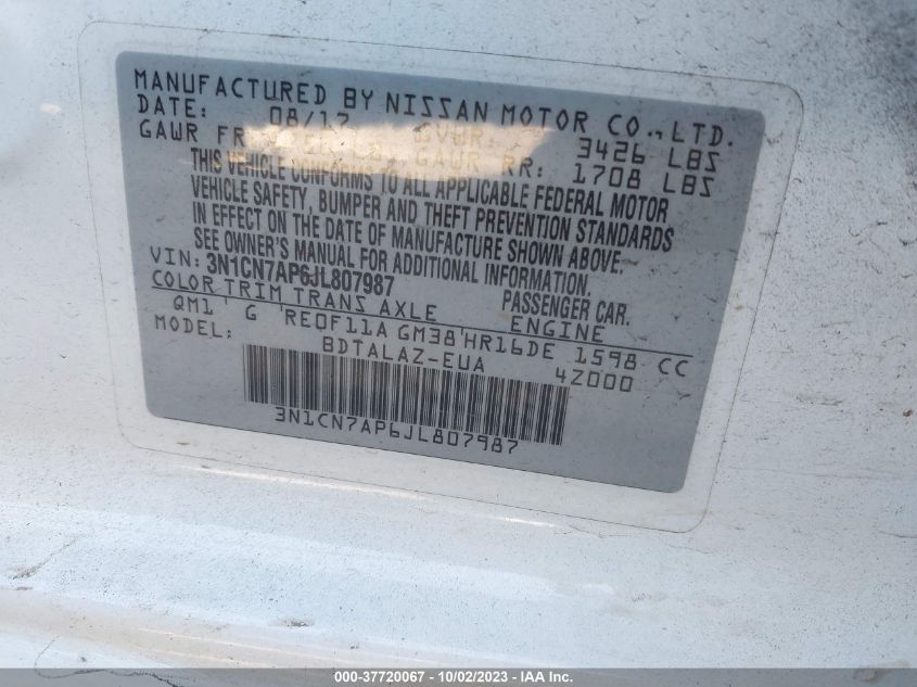 2018 NISSAN VERSA SEDAN S PLUS - 3N1CN7AP6JL807987