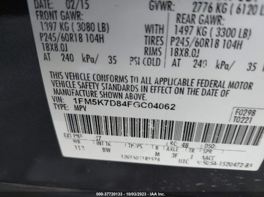 2015 FORD EXPLORER XLT - 1FM5K7D84FGC04062
