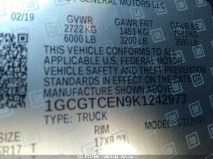 2019 CHEVROLET COLORADO LT - 1GCGTCEN9K1242973