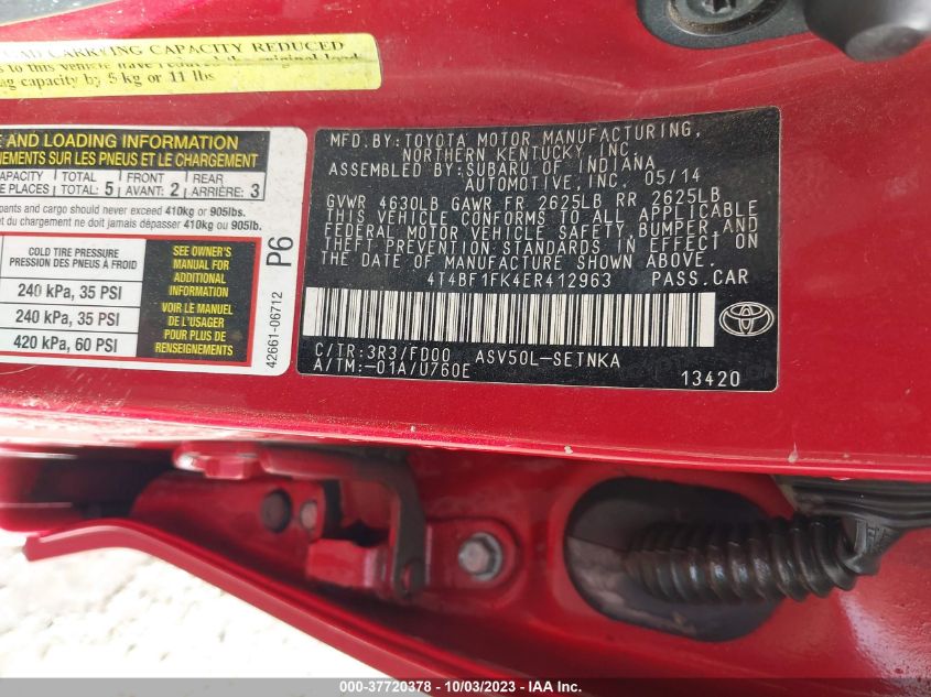 2014 TOYOTA CAMRY L/LE/XLE/SE/SE SPORT - 4T4BF1FK4ER412963