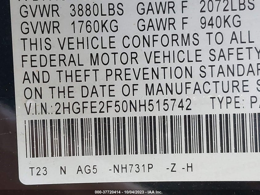 VIN 2HGFE2F50NH515742 2022 HONDA CIVIC SEDAN SPORT