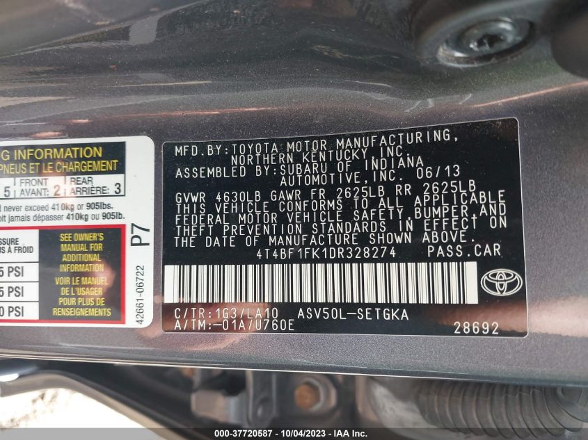 2013 TOYOTA CAMRY L/LE/SE/XLE - 4T4BF1FK1DR328274