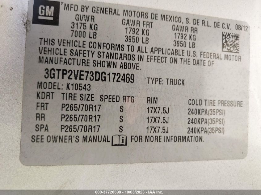 2013 GMC SIERRA 1500 SLE - 3GTP2VE73DG172469