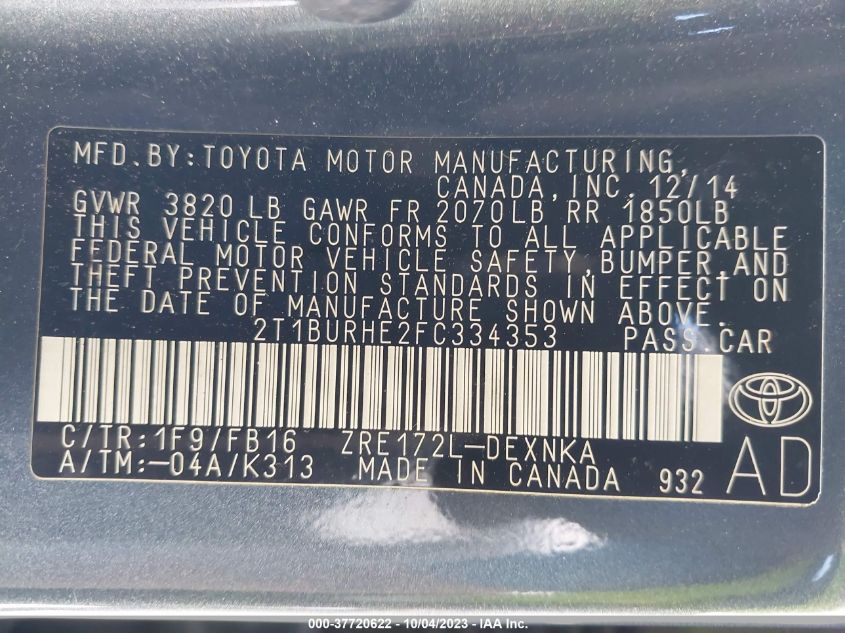 2015 TOYOTA COROLLA L/LE/LE PLS/PRM/S/S PLS - 2T1BURHE2FC334353