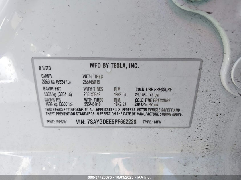 VIN 7SAYGDEE5PF662228 2023 TESLA MODEL Y LONG RANGE