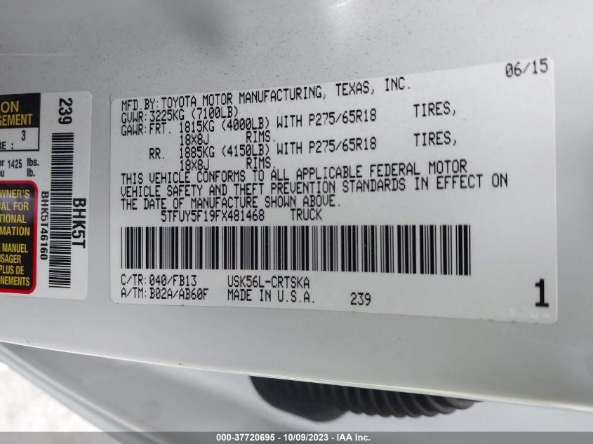 2015 TOYOTA TUNDRA 4WD TRUCK SR/SR5/TRD PRO - 5TFUY5F19FX481468