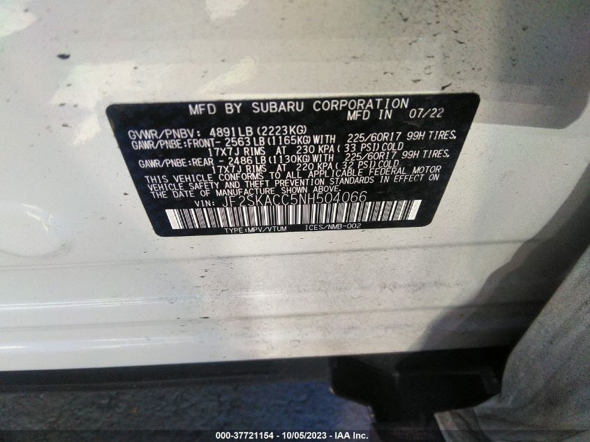 2022 SUBARU FORESTER - JF2SKACC5NH504066