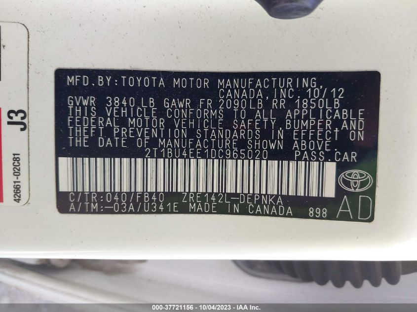 2013 TOYOTA COROLLA S/LE - 2T1BU4EE1DC965020