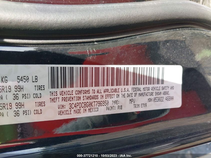 VIN 3C4PDCBG0KT796950 2019 DODGE JOURNEY SE