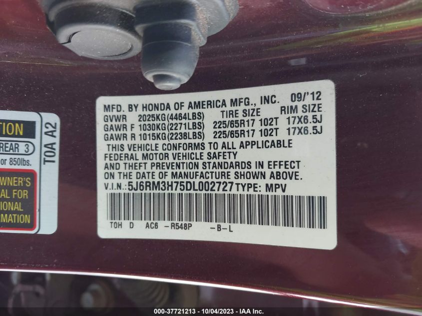 2013 HONDA CR-V EX-L - 5J6RM3H75DL002727