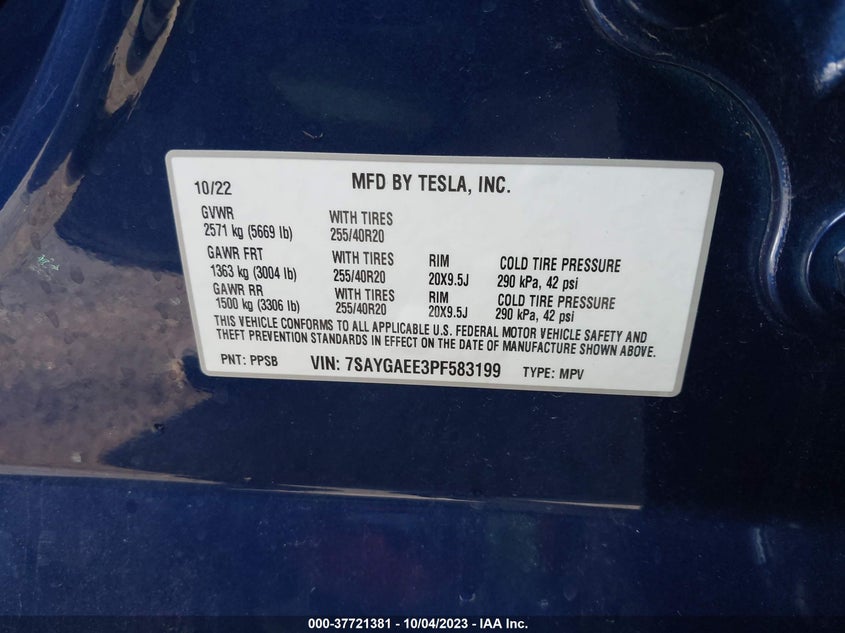 VIN 7SAYGAEE3PF583199 2023 TESLA MODEL Y LONG RANGE