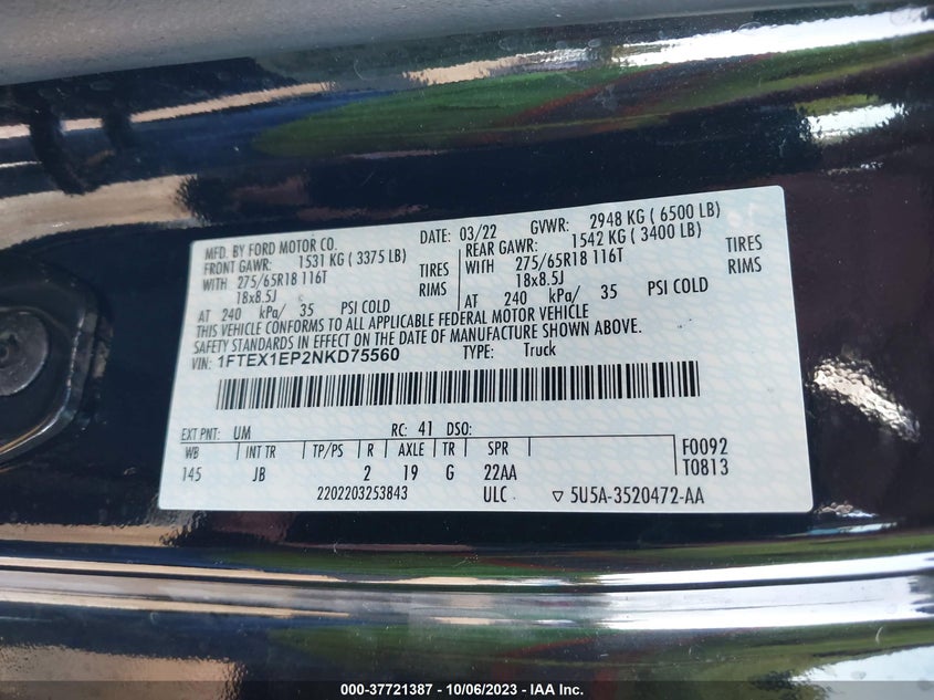VIN 1FTEX1EP2NKD75560 2022 FORD F-150 XL/XLT/LARIAT