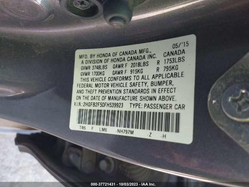 2015 HONDA CIVIC LX - 2HGFB2F50FH539923