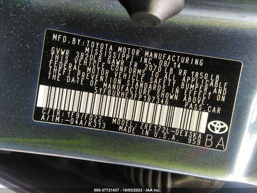 2015 TOYOTA COROLLA L/LE/S/S PLUS/LE PLUS - 5YFBURHE3FP187346