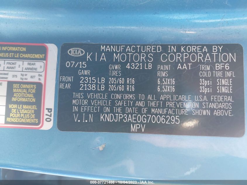 2016 KIA SOUL EV KNDJP3AE0G7006295