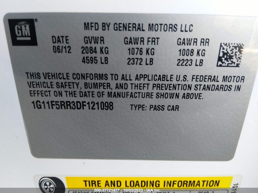 1G11F5RR3DF121098 | 2013 CHEVROLET MALIBU