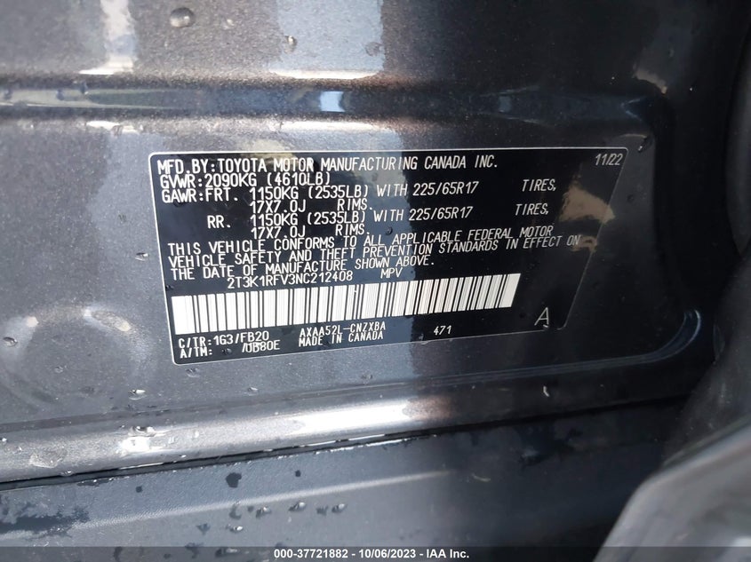 VIN 2T3K1RFV3NC212408 2022 TOYOTA RAV4 LE