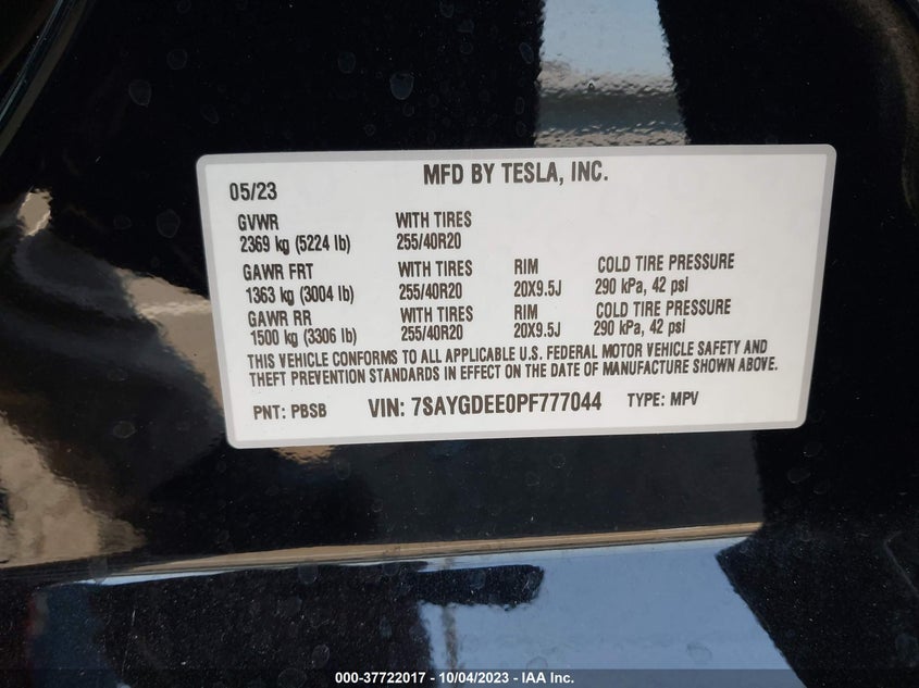 VIN 7SAYGDEE0PF777044 2023 TESLA MODEL Y LONG RANGE
