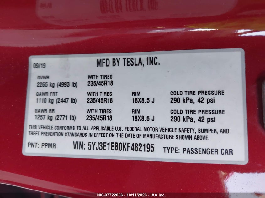 VIN 5YJ3E1EB0KF482195 2019 TESLA MODEL 3 LONG RANGE/PERFORMANCE