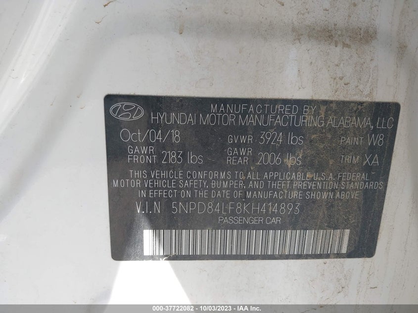 VIN 5NPD84LF8KH414893 2019 HYUNDAI ELANTRA LIMITED
