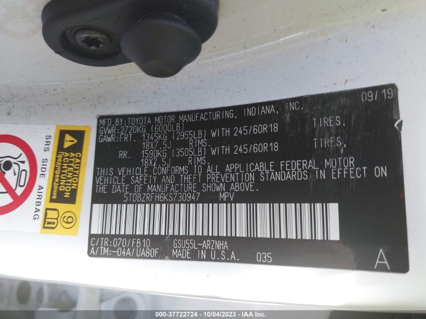 2019 TOYOTA HIGHLANDER LE PLUS - 5TDBZRFH6KS730947