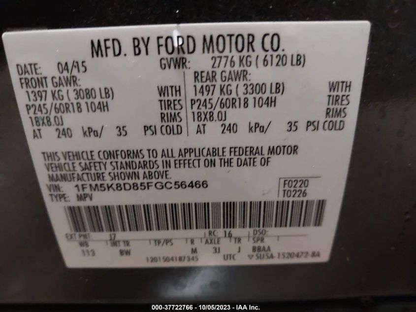 2015 FORD EXPLORER XLT - 1FM5K8D85FGC56466