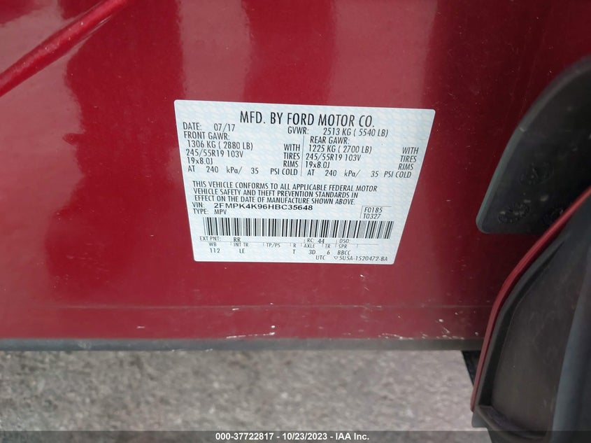 VIN 2FMPK4K96HBC35648 2017 FORD EDGE TITANIUM