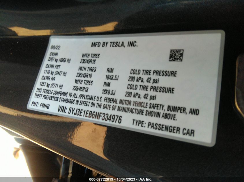 2022 TESLA MODEL 3 LONG RANGE - 5YJ3E1EB6NF334976