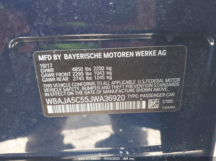 VIN WBAJA5C55JWA36920 2018 BMW 5 SERIES 530I