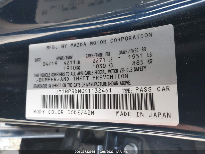 VIN JM1BPBDM0K1132461 2019 MAZDA MAZDA3 SEDAN W/PREFERRED PKG