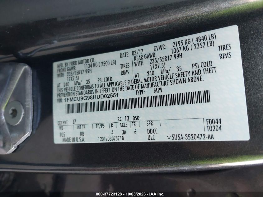 1FMCU9G98HUD02551 2017 FORD ESCAPE, photo no. 9