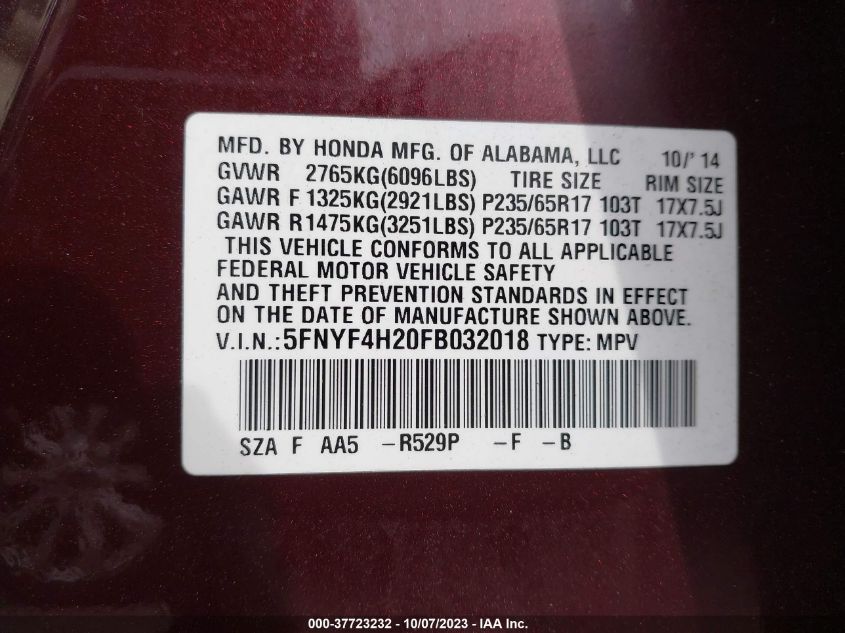 2015 HONDA PILOT LX - 5FNYF4H20FB032018