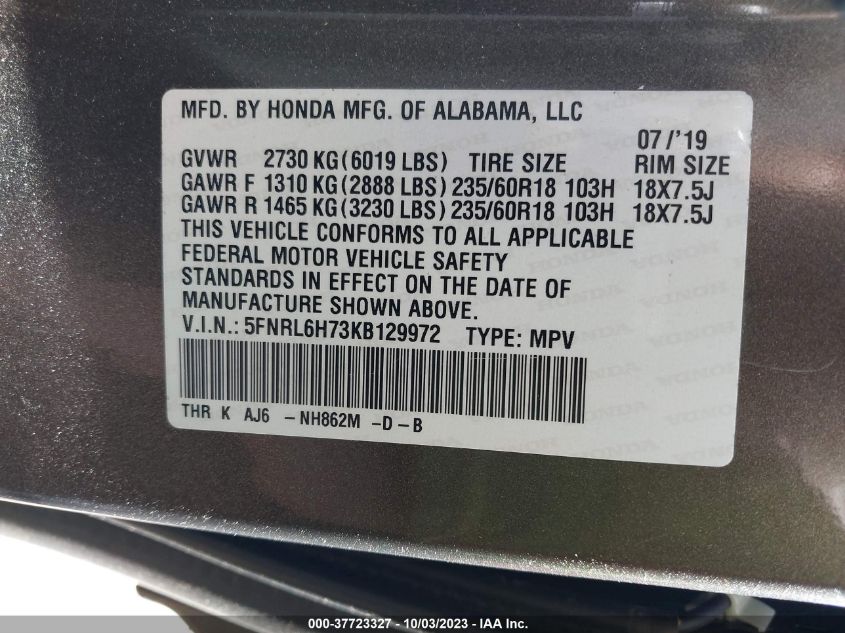 5FNRL6H73KB129972 Honda Odyssey EX-L 9