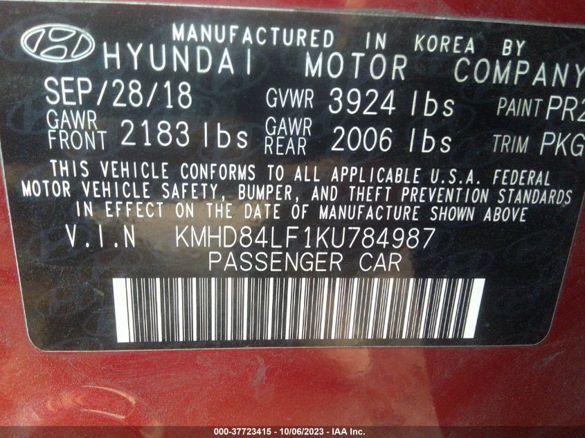 KMHD84LF1KU784987 Hyundai Elantra SEL 9