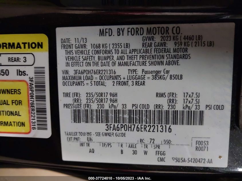 2014 FORD FUSION SE - 3FA6P0H76ER221316