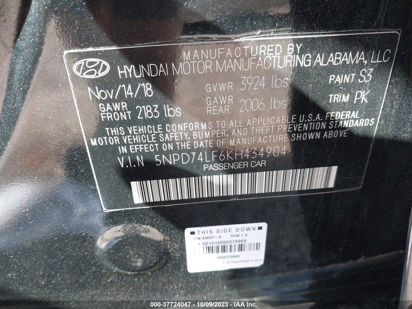 VIN 5NPD74LF6KH434904 2019 HYUNDAI ELANTRA SE