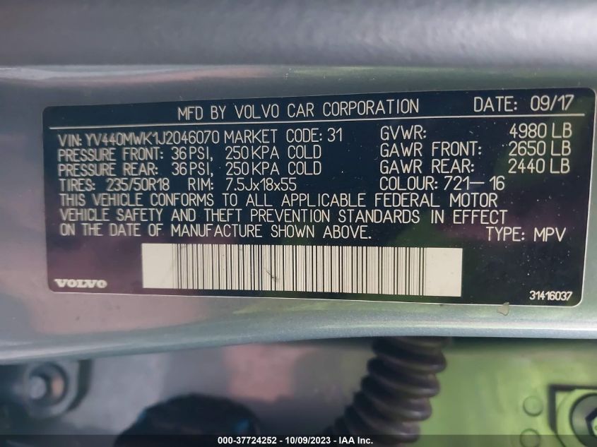 2018 VOLVO V60 CROSS COUNTRY T5 YV440MWK1J2046070