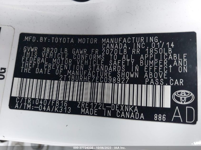 2014 TOYOTA COROLLA L/LE/S/S PLUS/LE PLUS - 2T1BURHE7EC098927