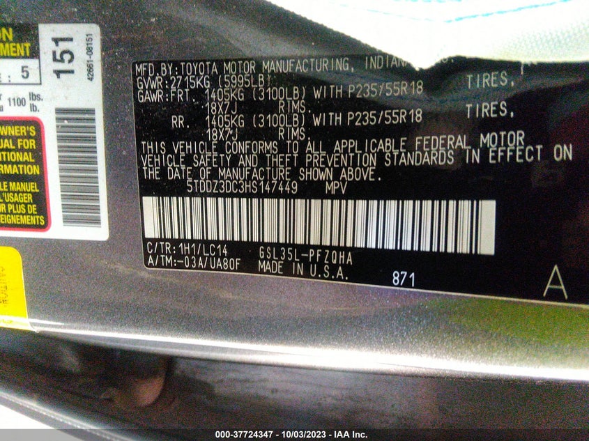 VIN 5TDDZ3DC3HS147449 2017 TOYOTA SIENNA XLE