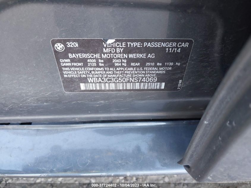 2015 BMW 3 SERIES 320I XDRIVE - WBA3C3G50FNS74069