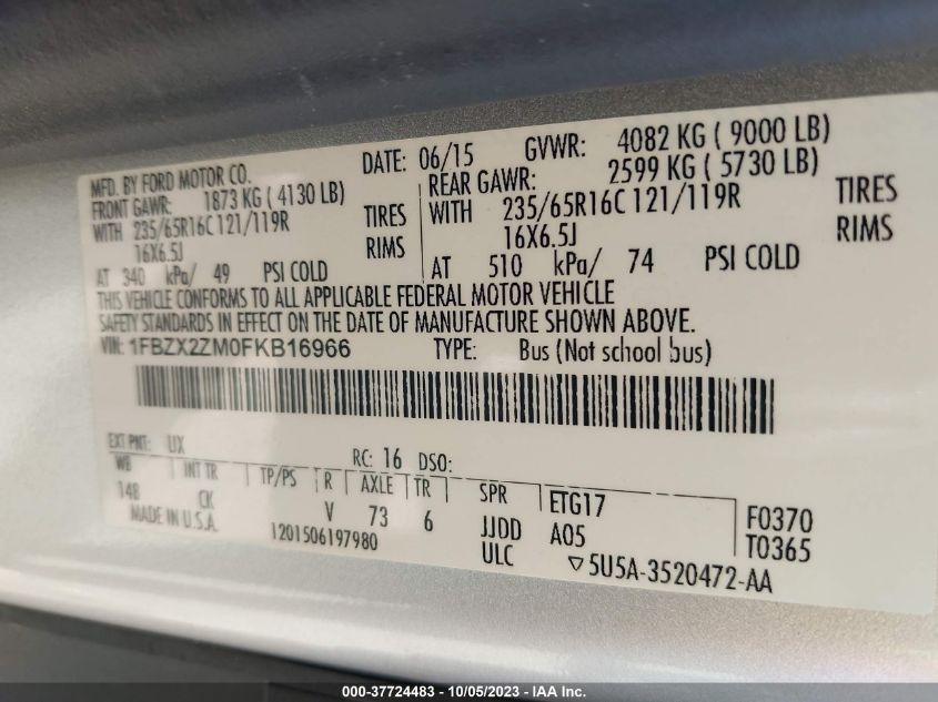 2015 FORD TRANSIT WAGON XL/XLT - 1FBZX2ZM0FKB16966