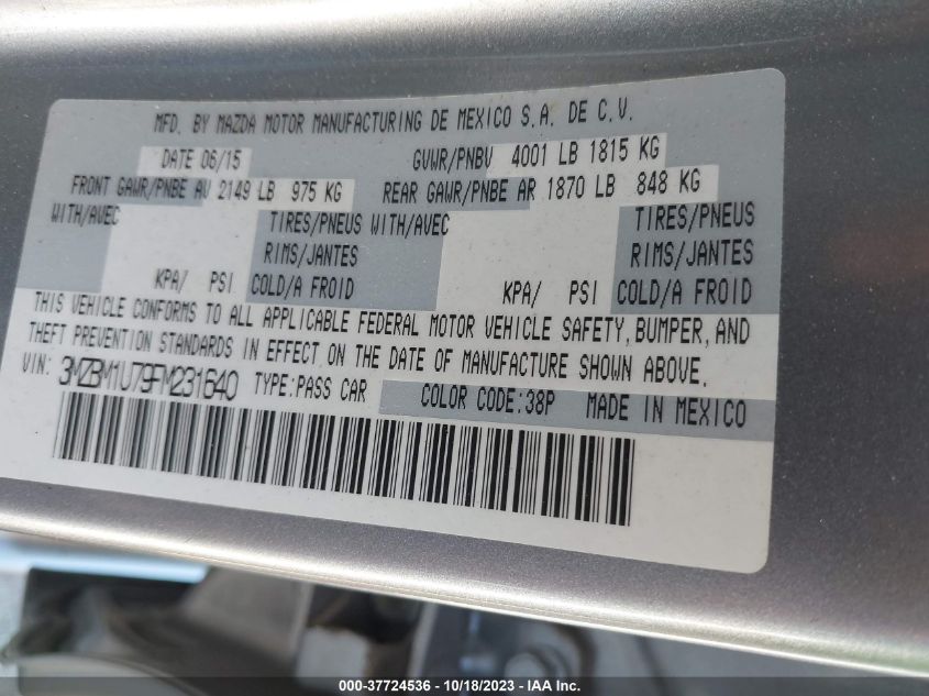 2015 MAZDA MAZDA3 I SPORT - 3MZBM1U79FM231640
