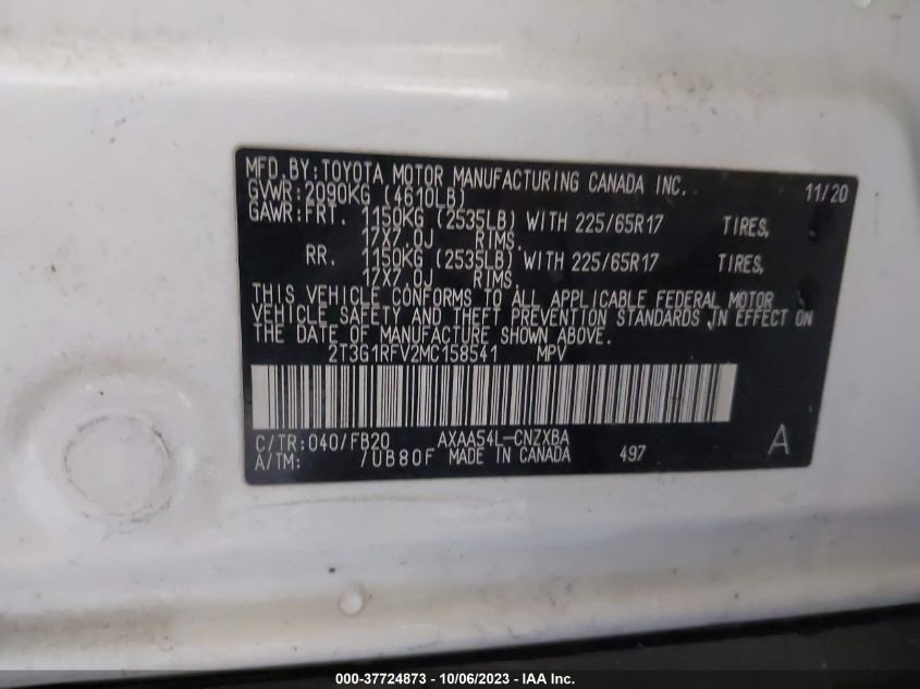 VIN 2T3G1RFV2MC158541 2021 TOYOTA RAV4 LE