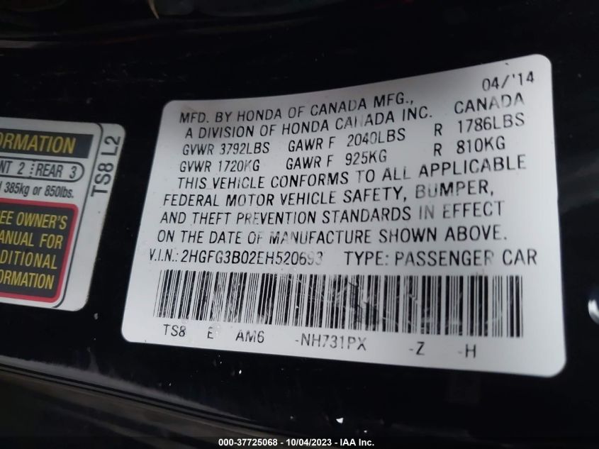 2014 HONDA CIVIC COUPE EX-L 2HGFG3B02EH520693